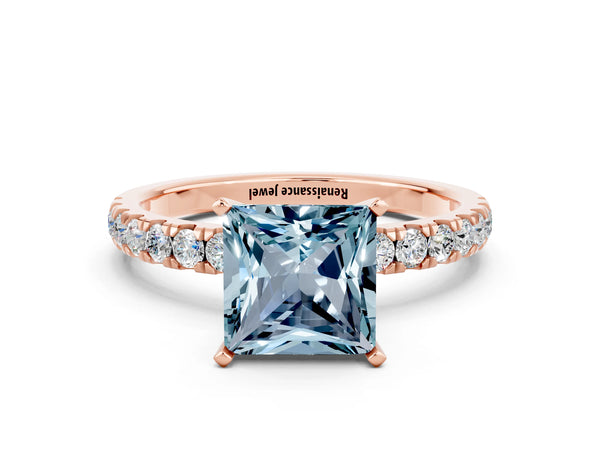 Rose gold Princess Cut Aquamarine Solitaire Ring with Pavé Accents and Four-Prong Setting