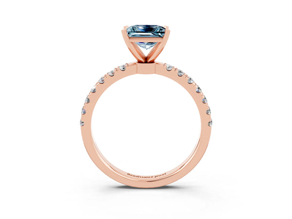 Rose gold Princess Cut Aquamarine Solitaire Ring with Pavé Accents and Four-Prong Setting