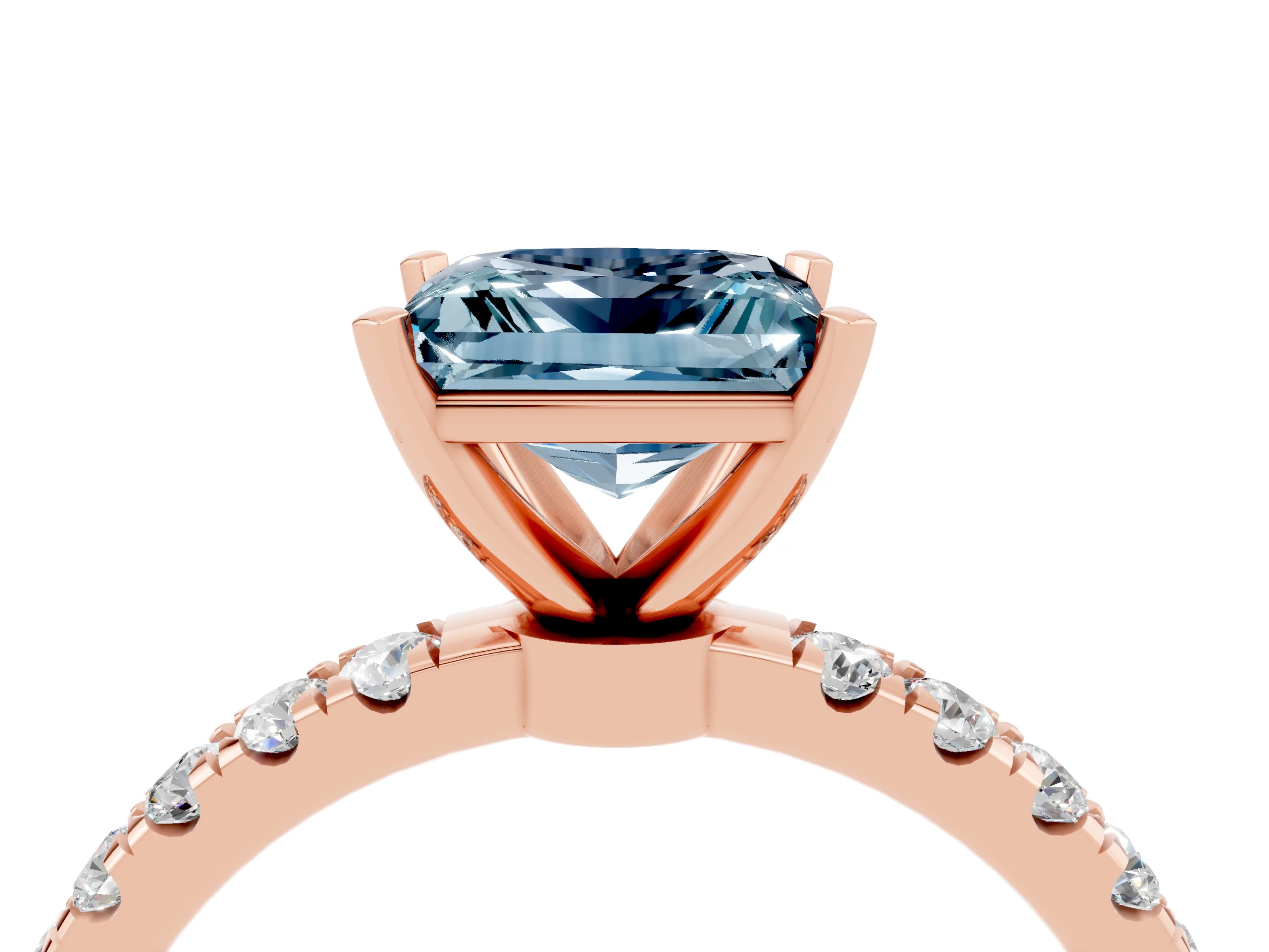 Rose gold Princess Cut Aquamarine Solitaire Ring with Pavé Accents and Four-Prong Setting_4