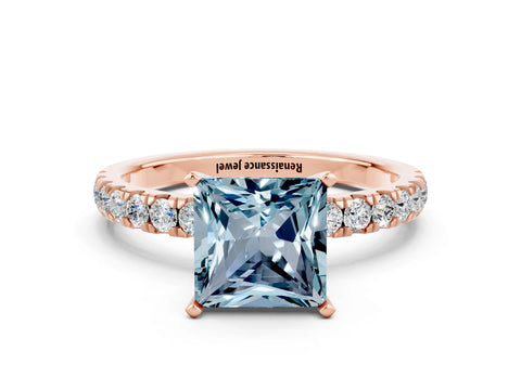 Rose gold Princess Cut Aquamarine Solitaire Ring with Pavé Accents and Four-Prong Setting