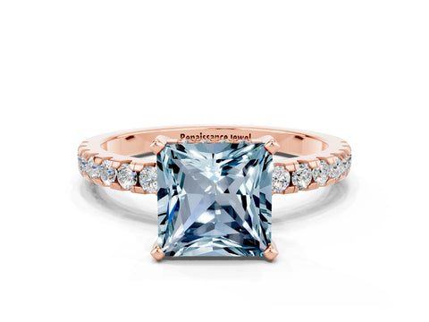 Rose gold Princess Cut Aquamarine Solitaire Ring with Pavé Band and Four-Prong Setting_24