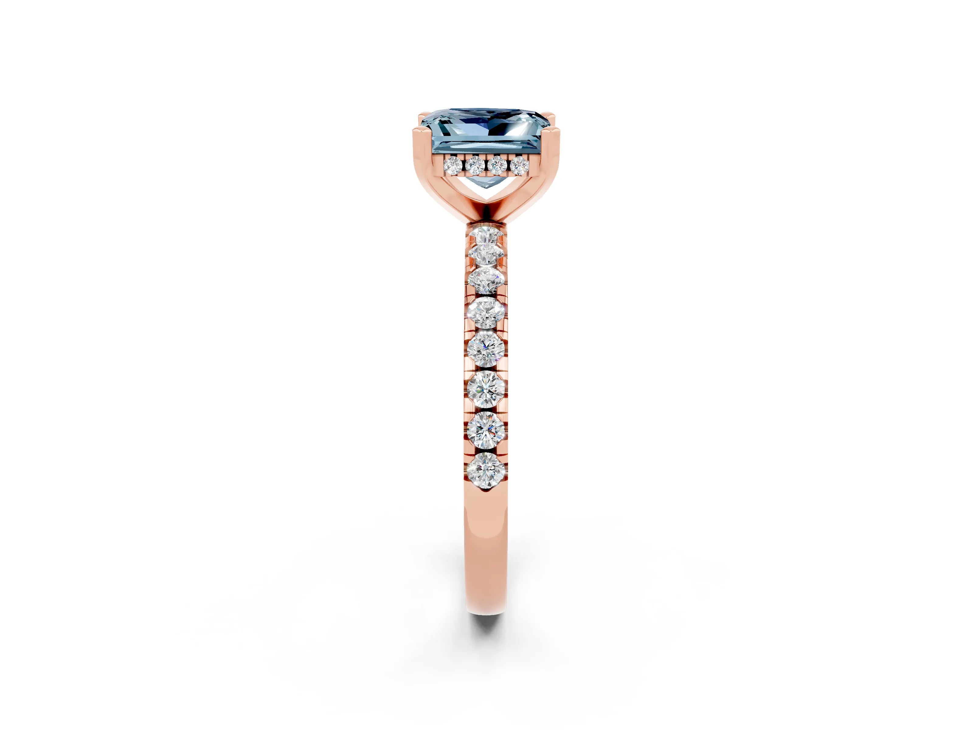Rose gold Princess Cut Aquamarine Solitaire Ring with Pavé Band and Four-Prong Setting_26