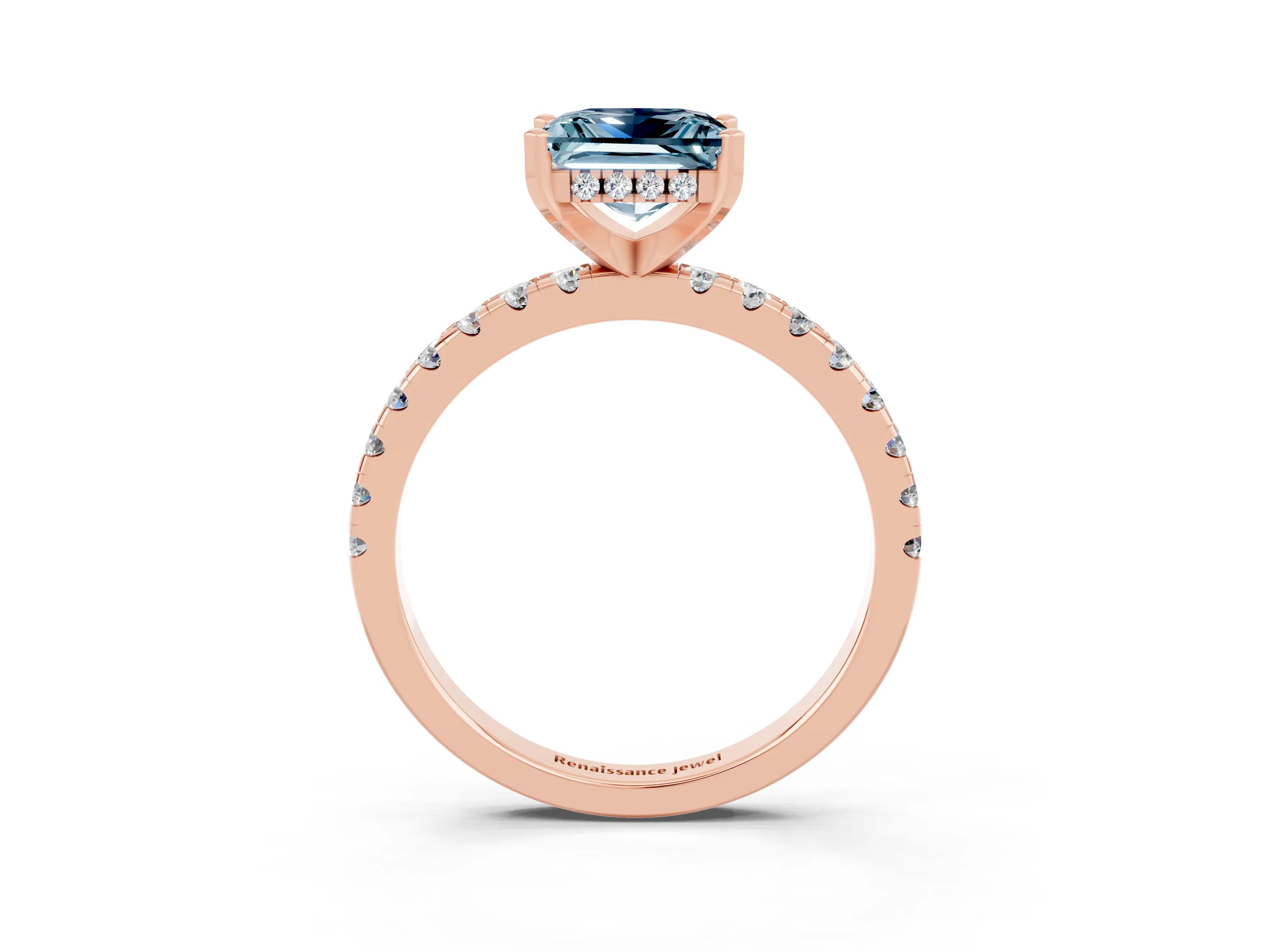 Rose gold Princess Cut Aquamarine Solitaire Ring with Pavé Band and Four-Prong Setting_27