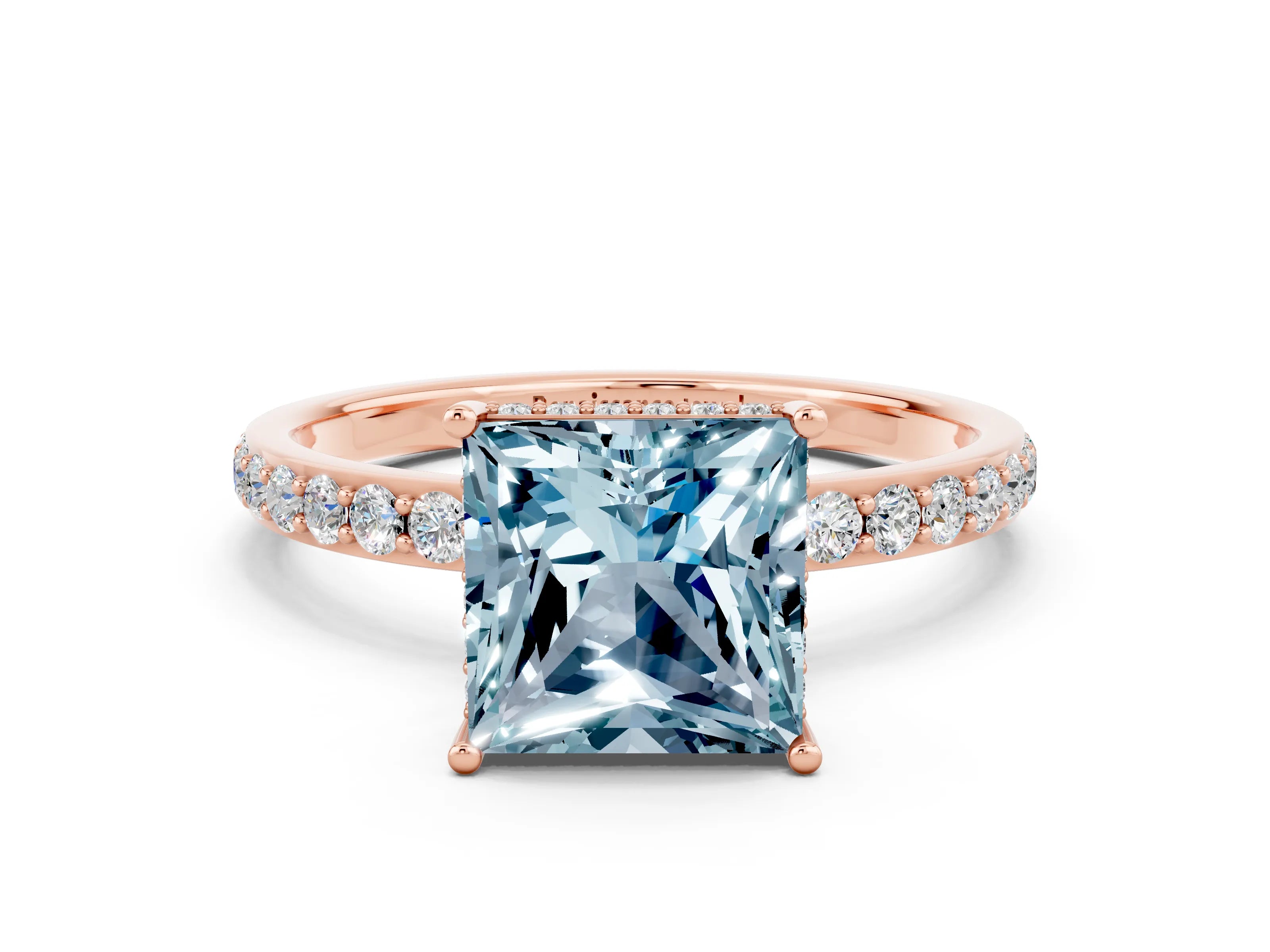 Rose gold Princess Cut Aquamarine Solitaire Ring with Pavé Band and Hidden Halo_12