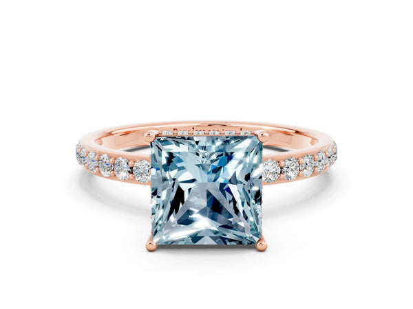 Rose gold Princess Cut Aquamarine Solitaire Ring with Pavé Band and Hidden Halo