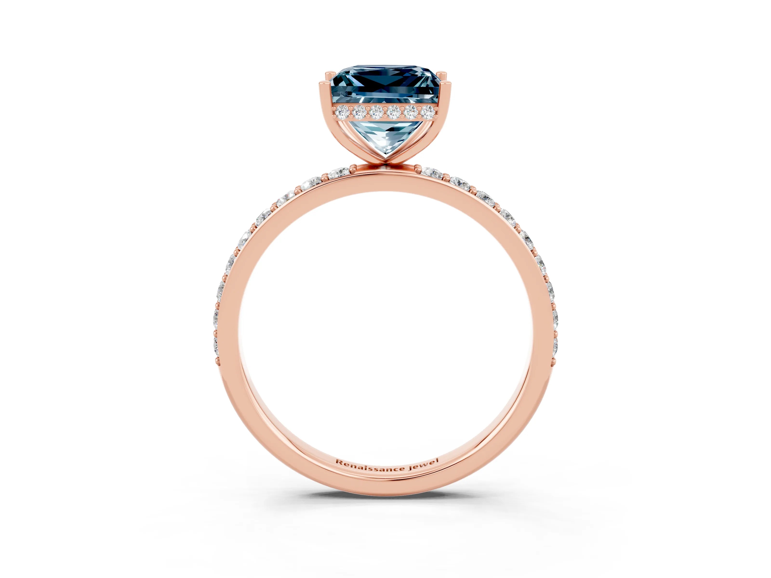 Rose gold Princess Cut Aquamarine Solitaire Ring with Pavé Band and Hidden Halo_15