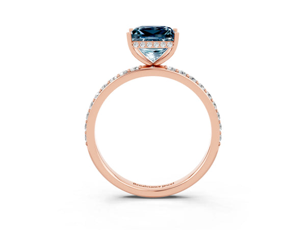 Rose gold Princess Cut Aquamarine Solitaire Ring with Pavé Band and Hidden Halo