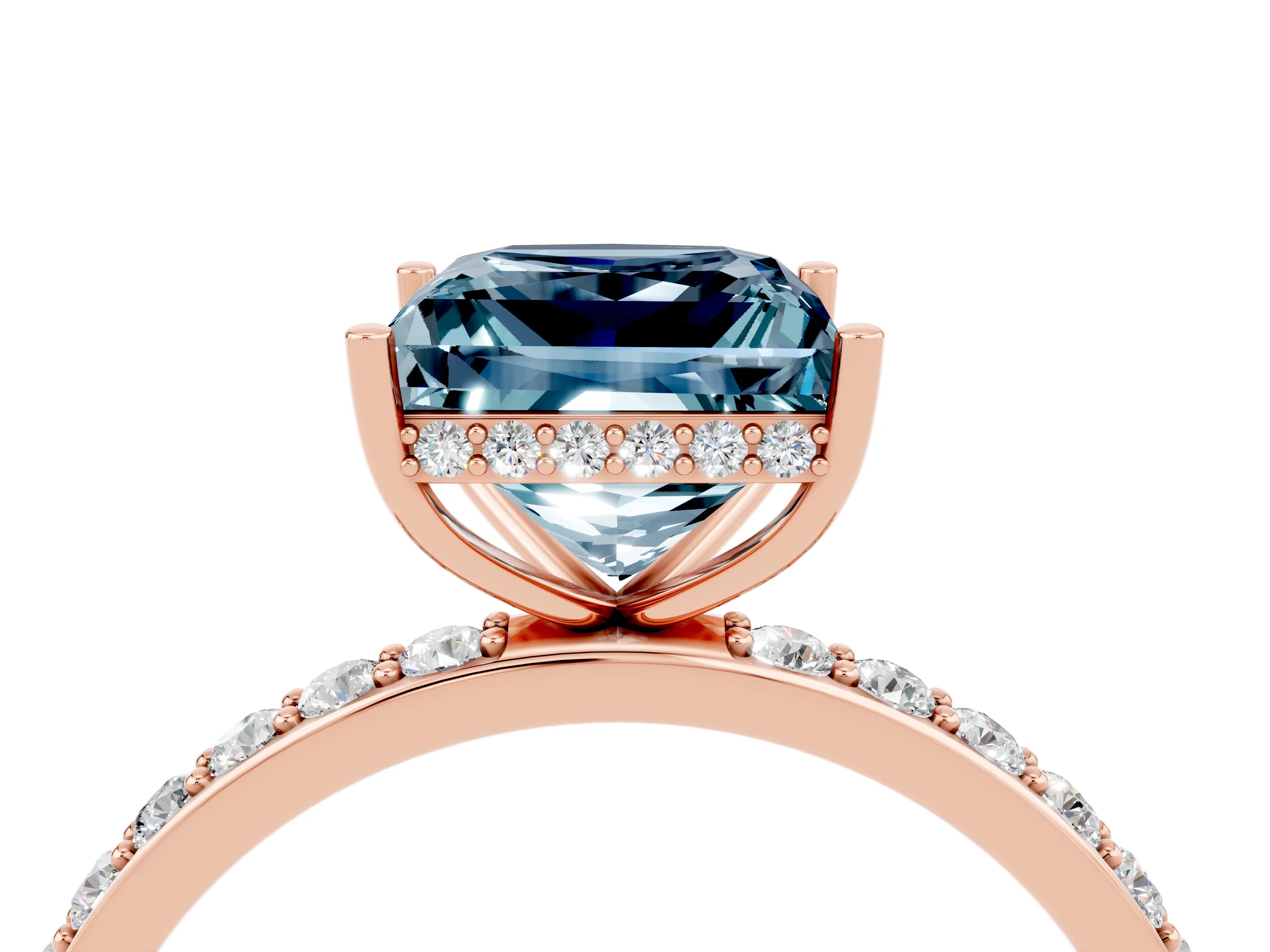 Rose gold Princess Cut Aquamarine Solitaire Ring with Pavé Band and Hidden Halo_16