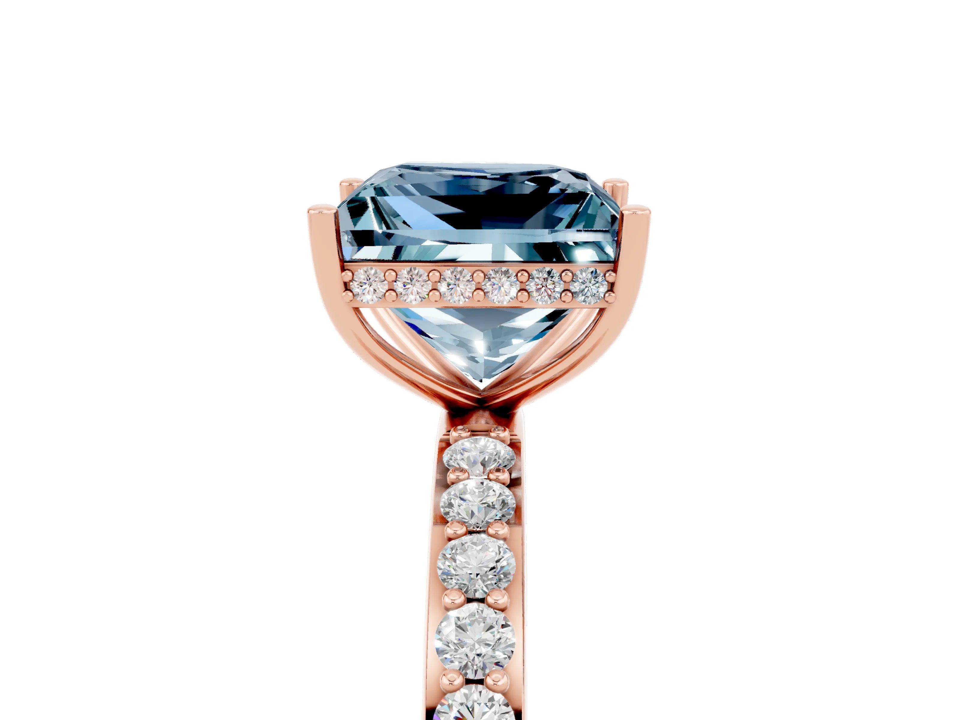 Rose gold Princess Cut Aquamarine Solitaire Ring with Pavé Band and Hidden Halo_17