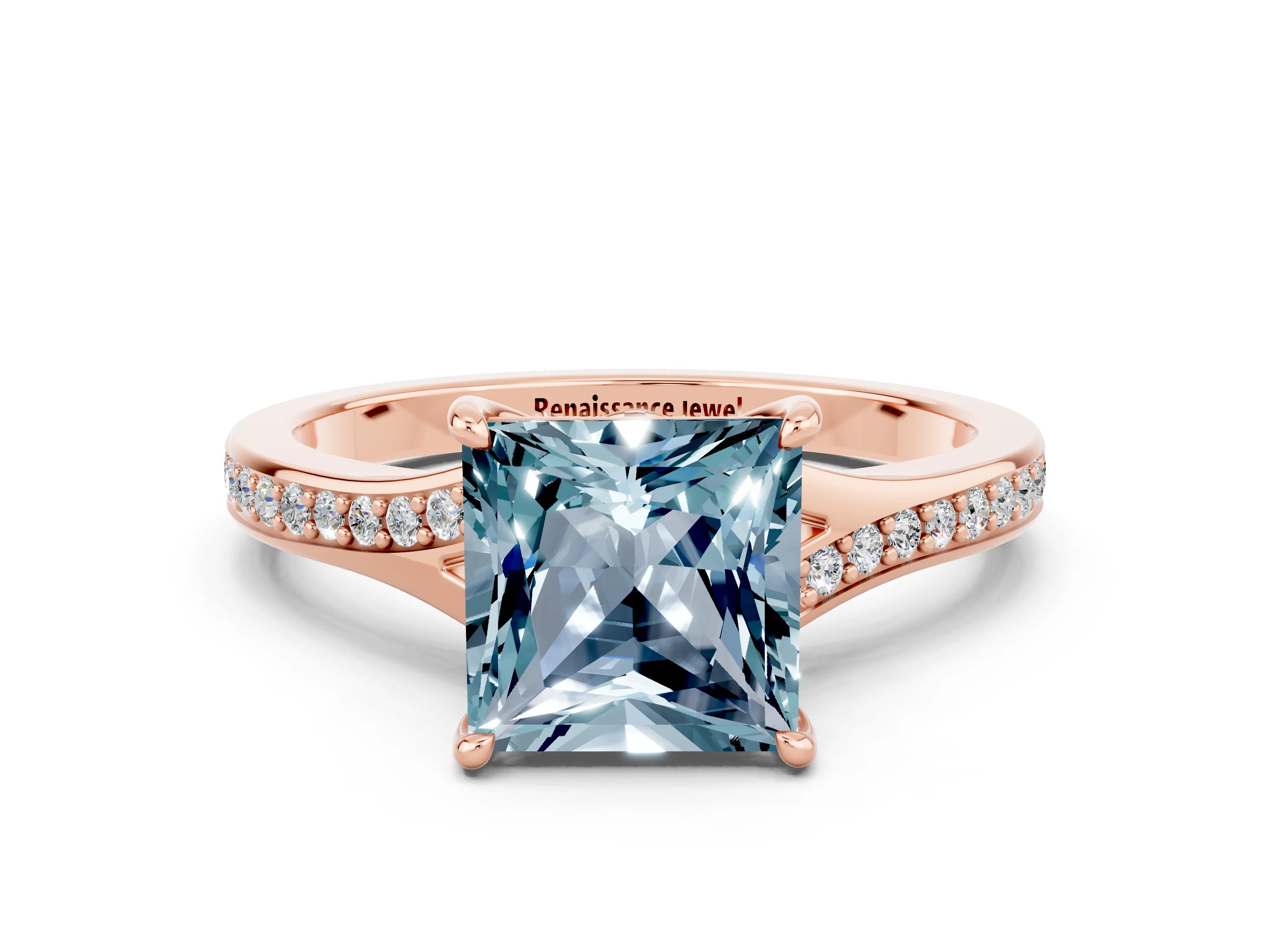 Rose gold Princess Cut Aquamarine Solitaire Ring with Pavé Band and Prong Setting