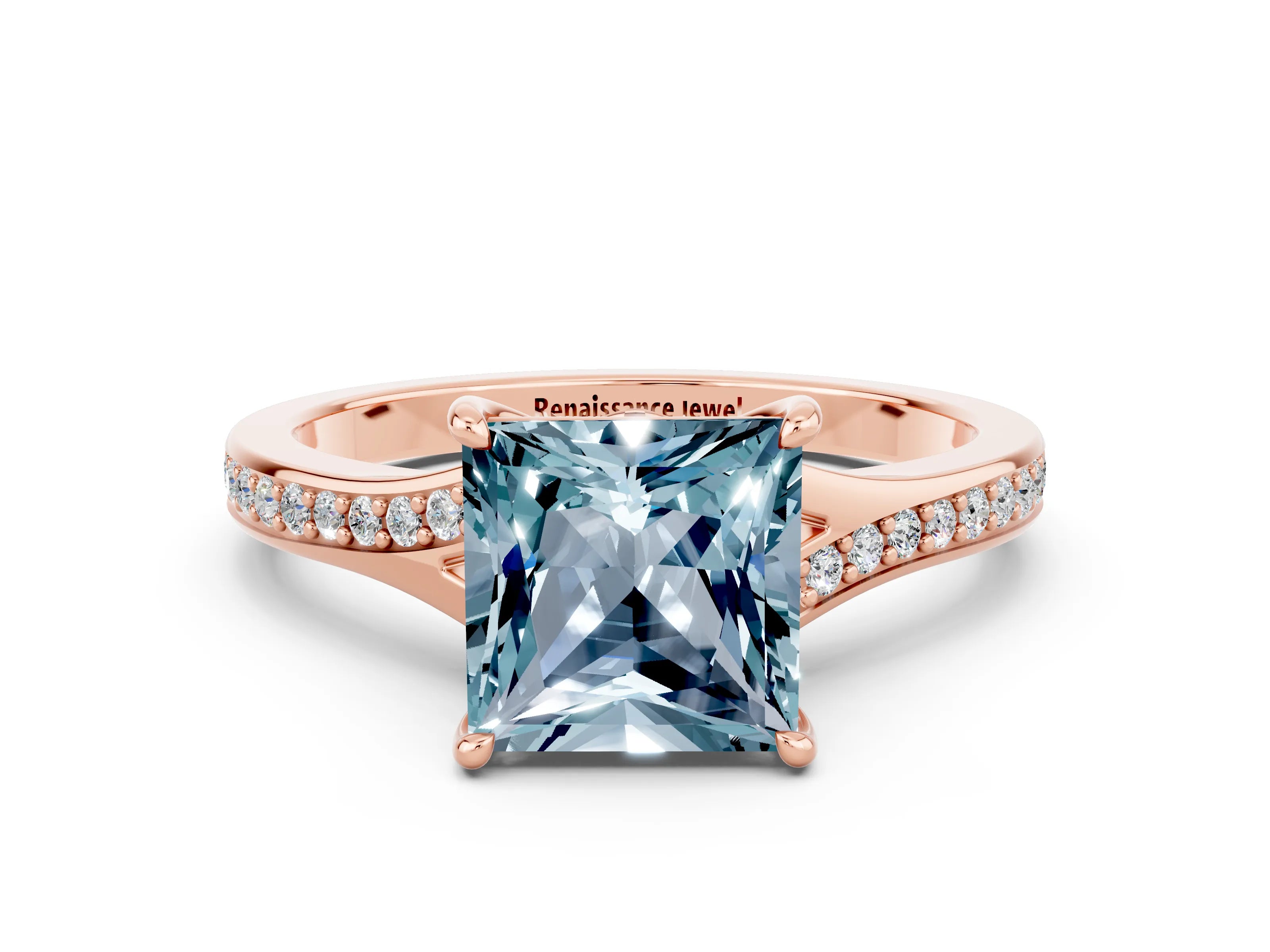 Rose gold Princess Cut Aquamarine Solitaire Ring with Pavé Band and Prong Setting_12
