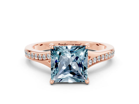 Rose gold Princess Cut Aquamarine Solitaire Ring with Pavé Band and Prong Setting_12