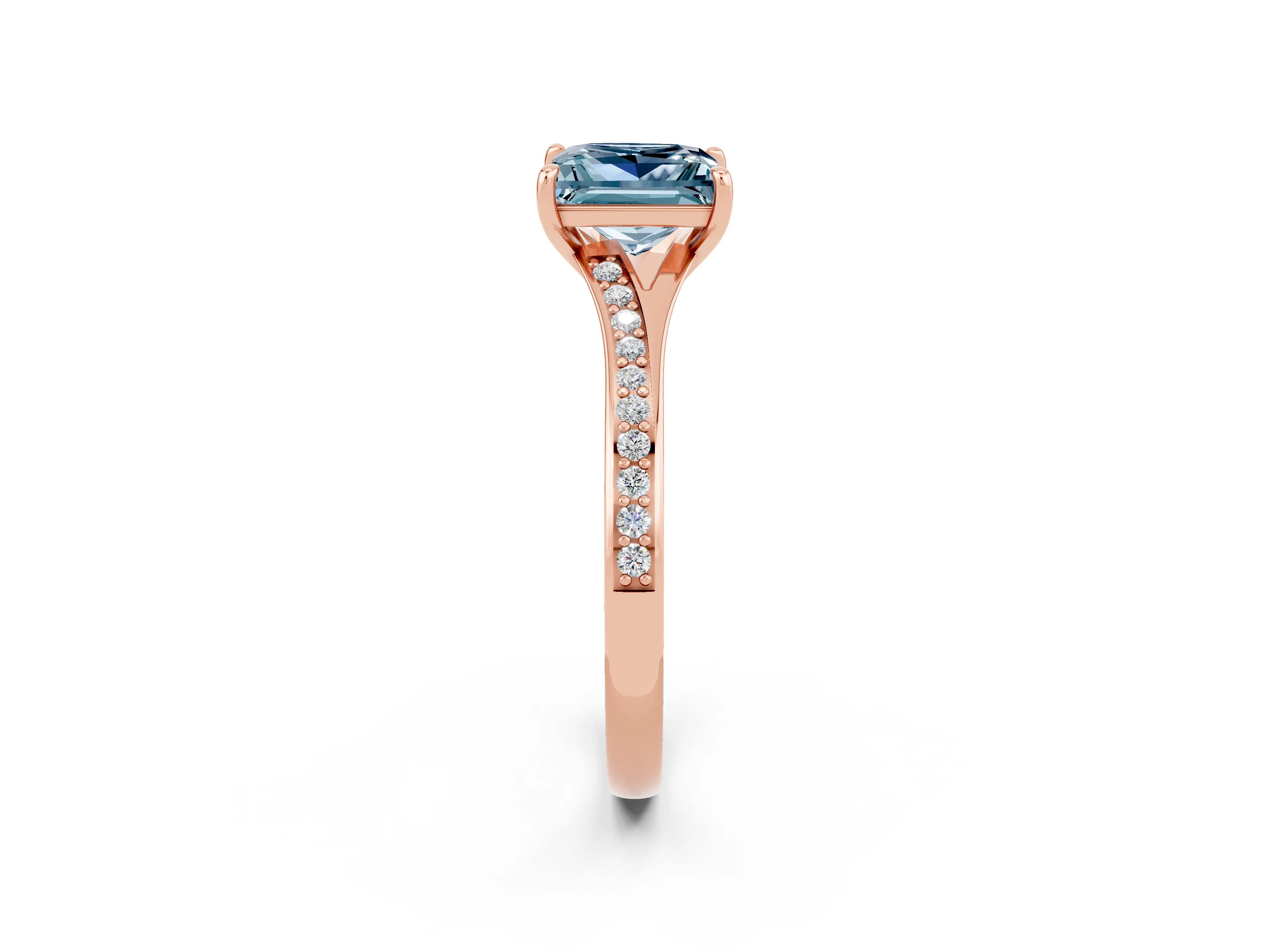 Rose gold Princess Cut Aquamarine Solitaire Ring with Pavé Band and Prong Setting_14