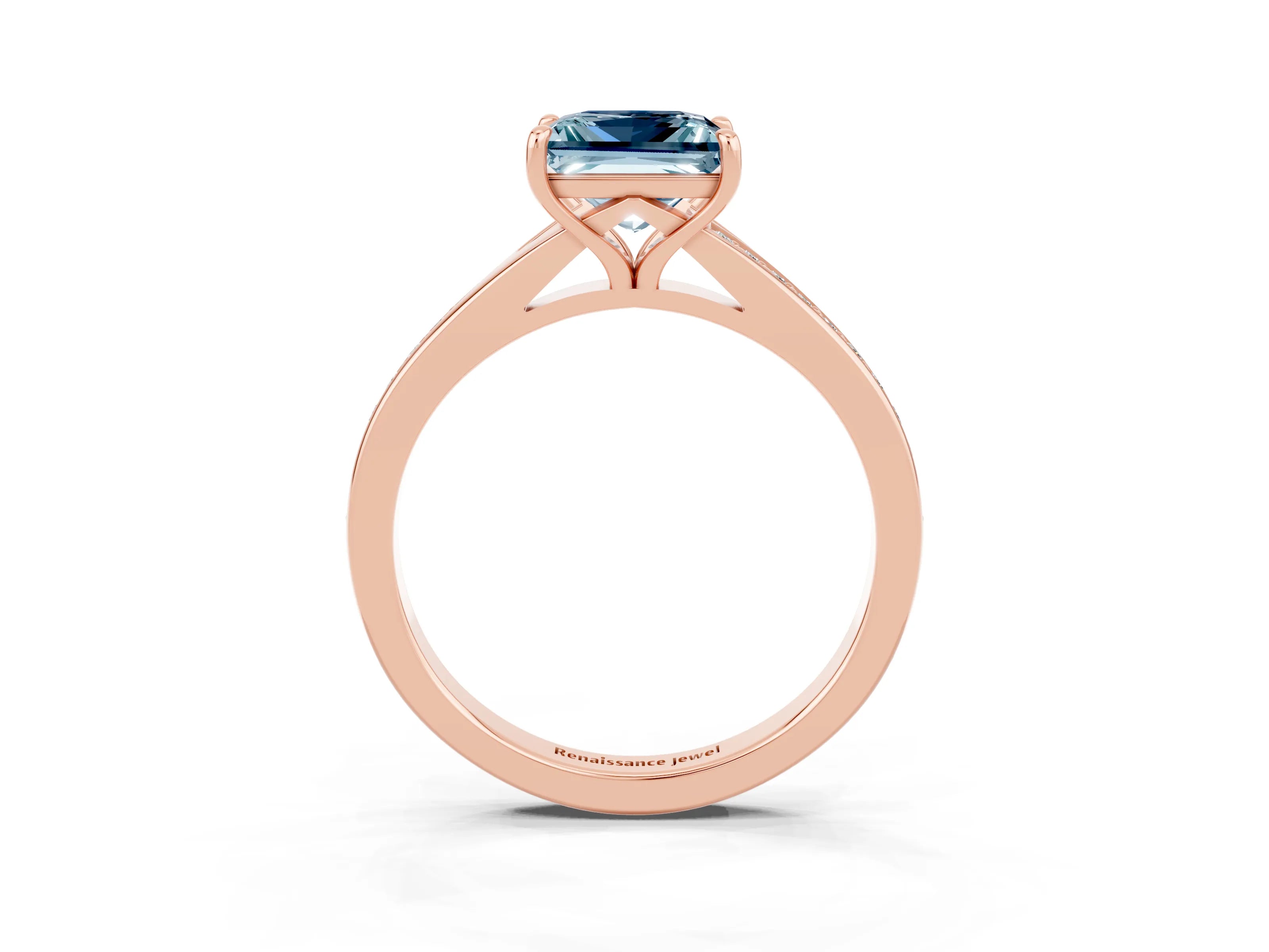 Rose gold Princess Cut Aquamarine Solitaire Ring with Pavé Band and Prong Setting_15