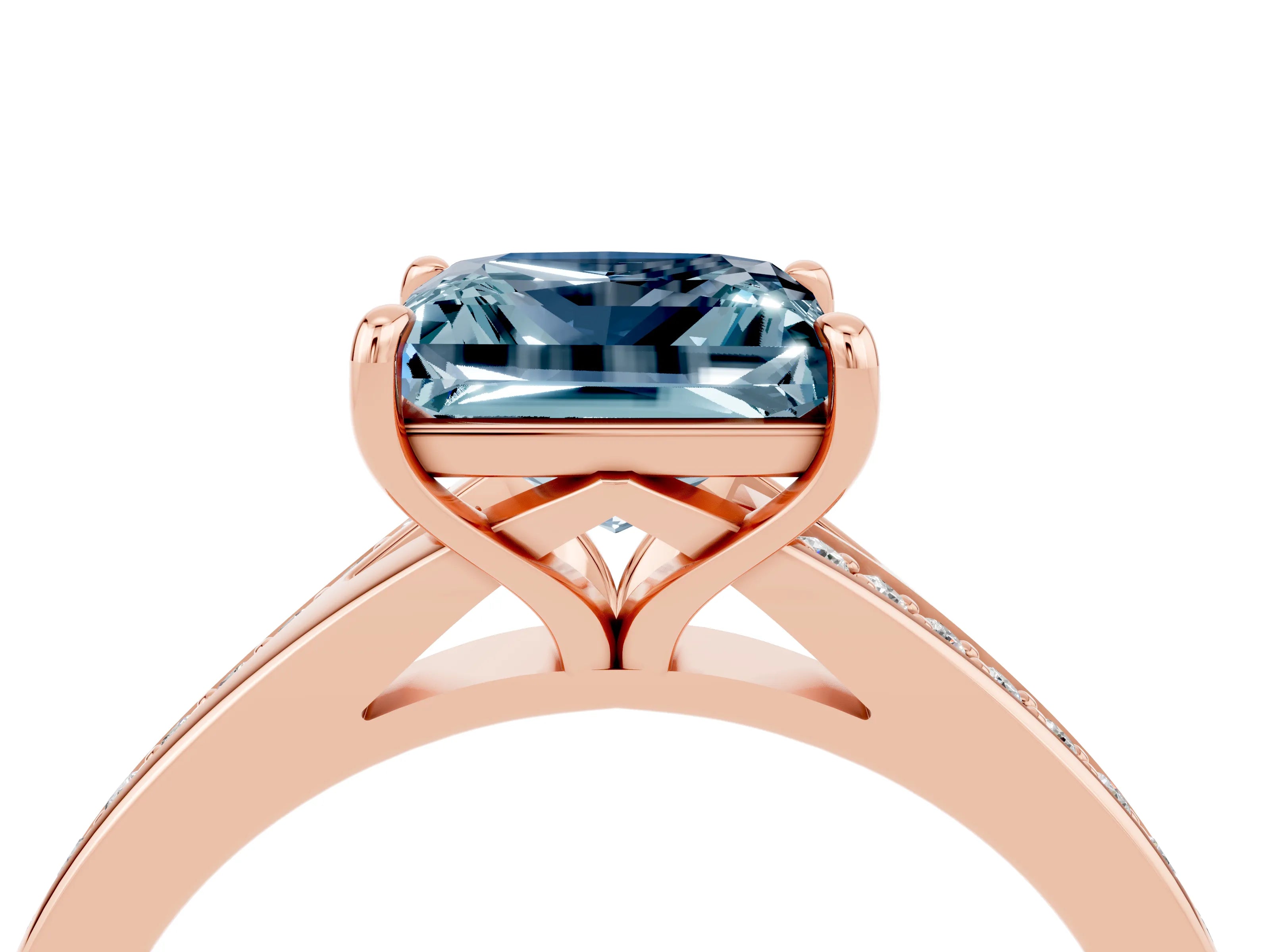 Rose gold Princess Cut Aquamarine Solitaire Ring with Pavé Band and Prong Setting_16