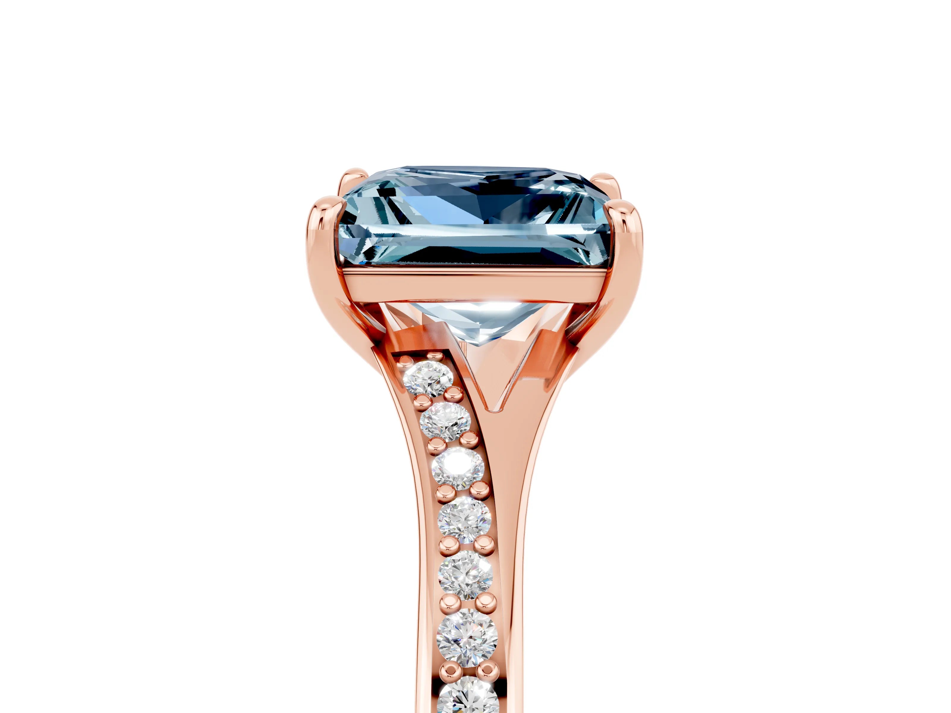 Rose gold Princess Cut Aquamarine Solitaire Ring with Pavé Band and Prong Setting_17