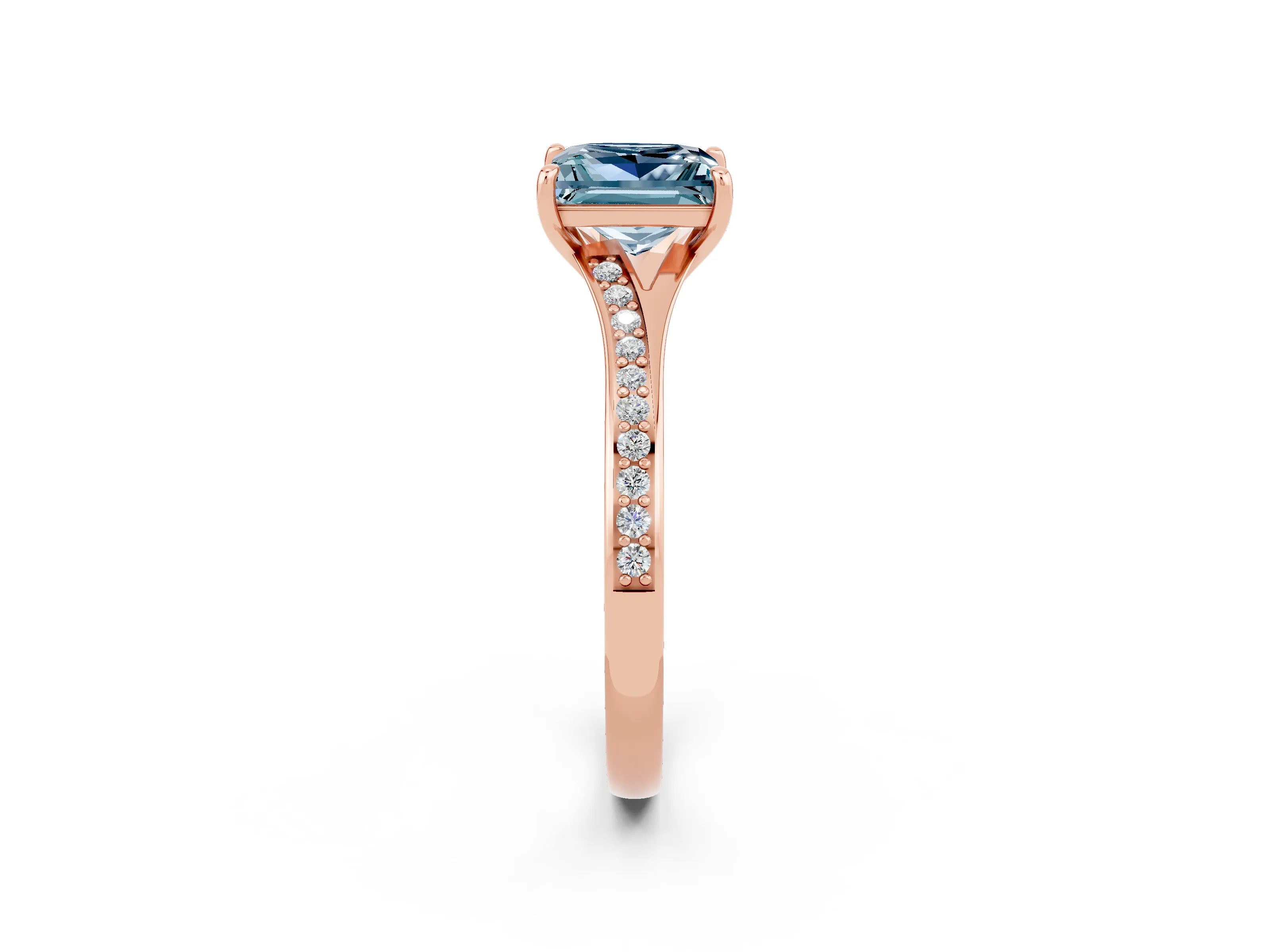Rose gold Princess Cut Aquamarine Solitaire Ring with Pavé Band and Prong Setting_2