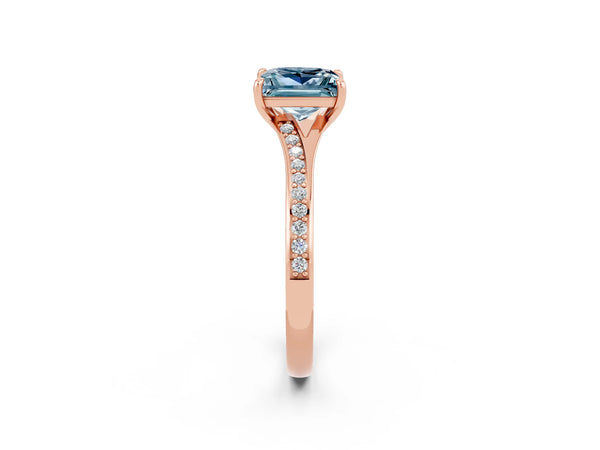 Rose gold Princess Cut Aquamarine Solitaire Ring with Pavé Band and Prong Setting