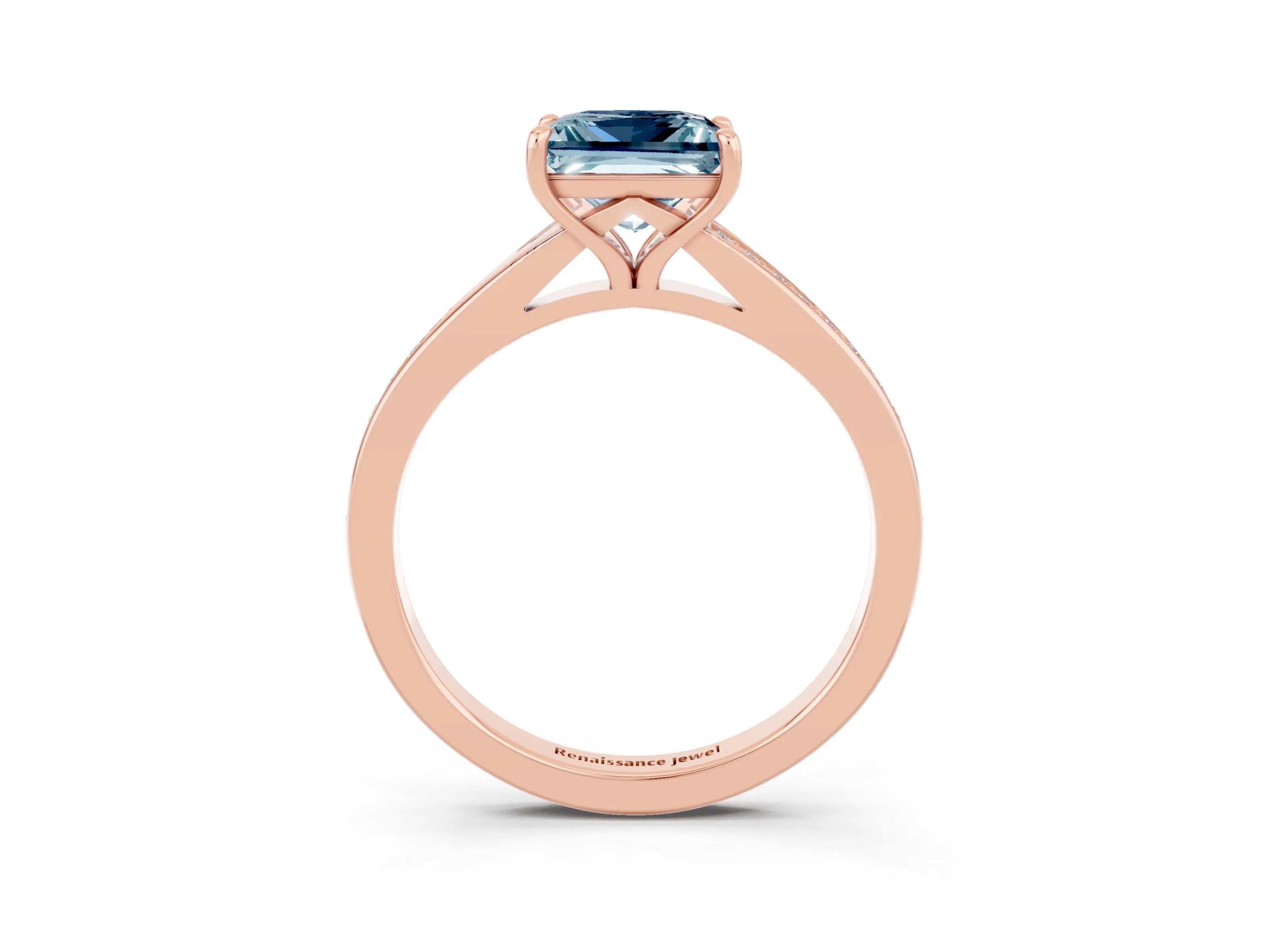 Rose gold Princess Cut Aquamarine Solitaire Ring with Pavé Band and Prong Setting_3