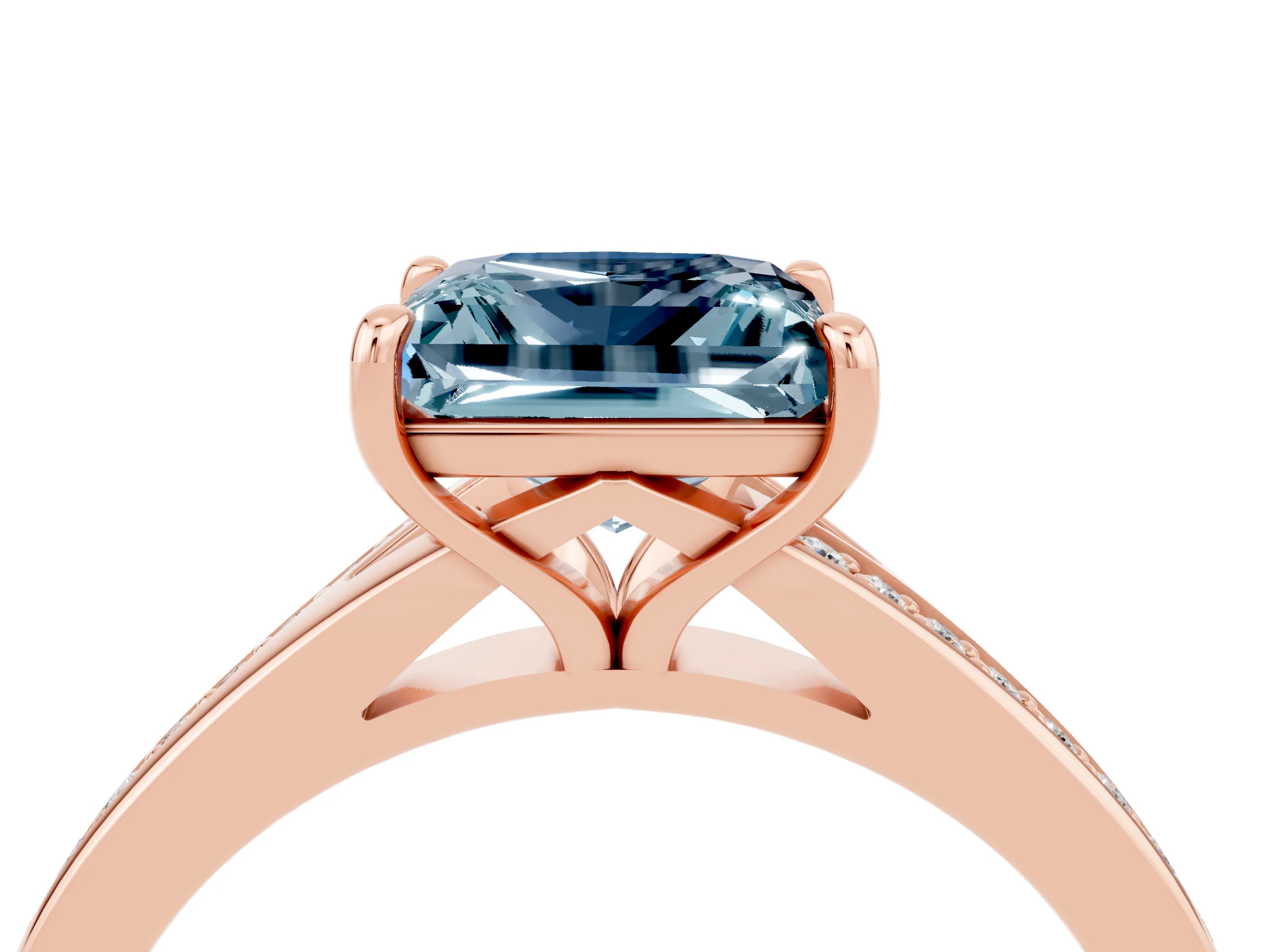 Rose gold Princess Cut Aquamarine Solitaire Ring with Pavé Band and Prong Setting_4