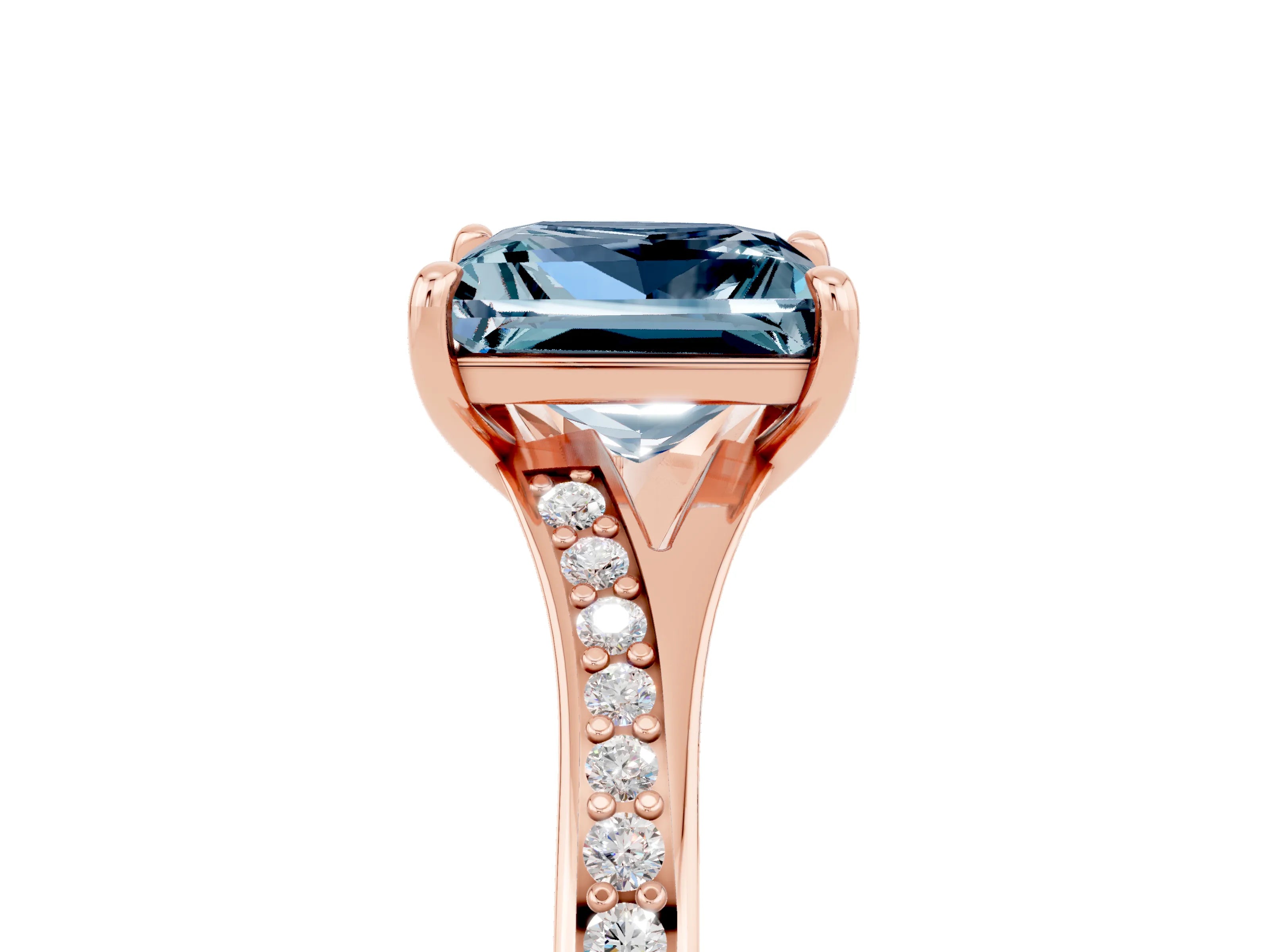 Rose gold Princess Cut Aquamarine Solitaire Ring with Pavé Band and Prong Setting_5