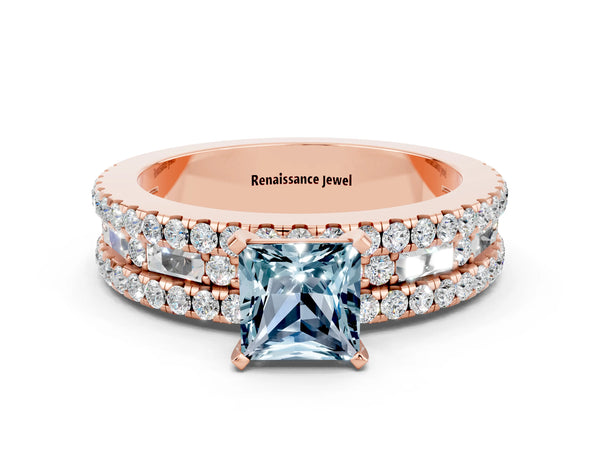Rose gold Princess Cut Aquamarine Solitaire Ring with Pavé and Channel Set Band