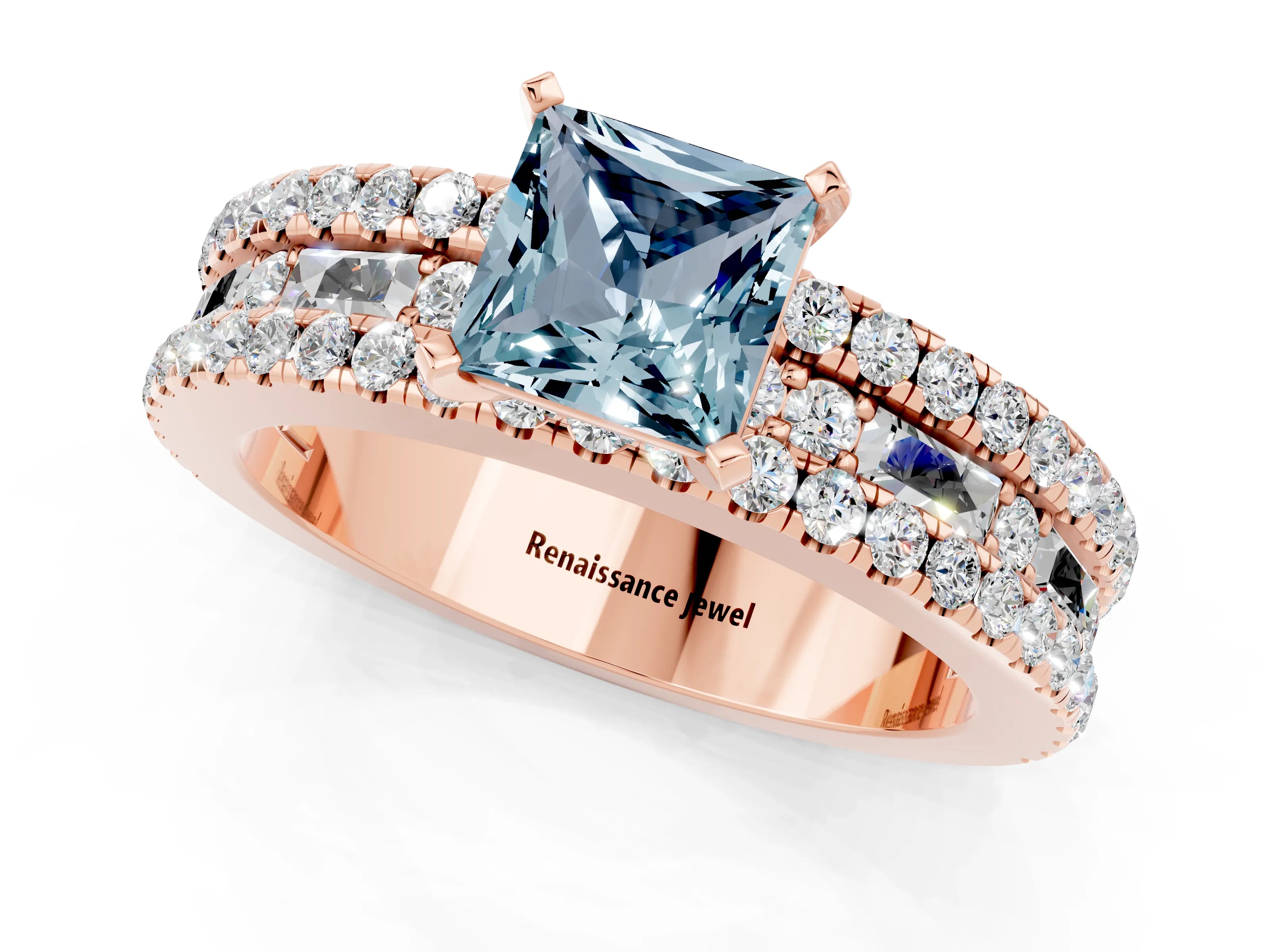 Rose gold Princess Cut Aquamarine Solitaire Ring with Pavé and Channel Set Band_1