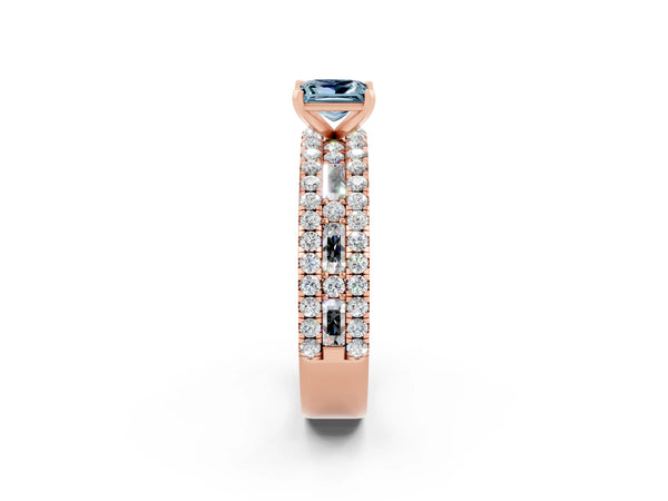 Rose gold Princess Cut Aquamarine Solitaire Ring with Pavé and Channel Set Band