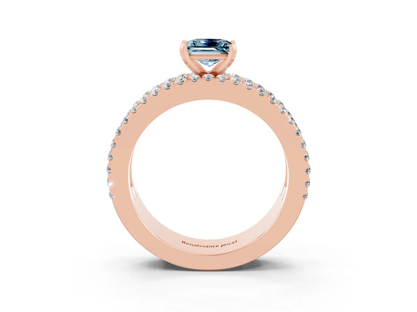 Rose gold Princess Cut Aquamarine Solitaire Ring with Pavé and Channel Set Band
