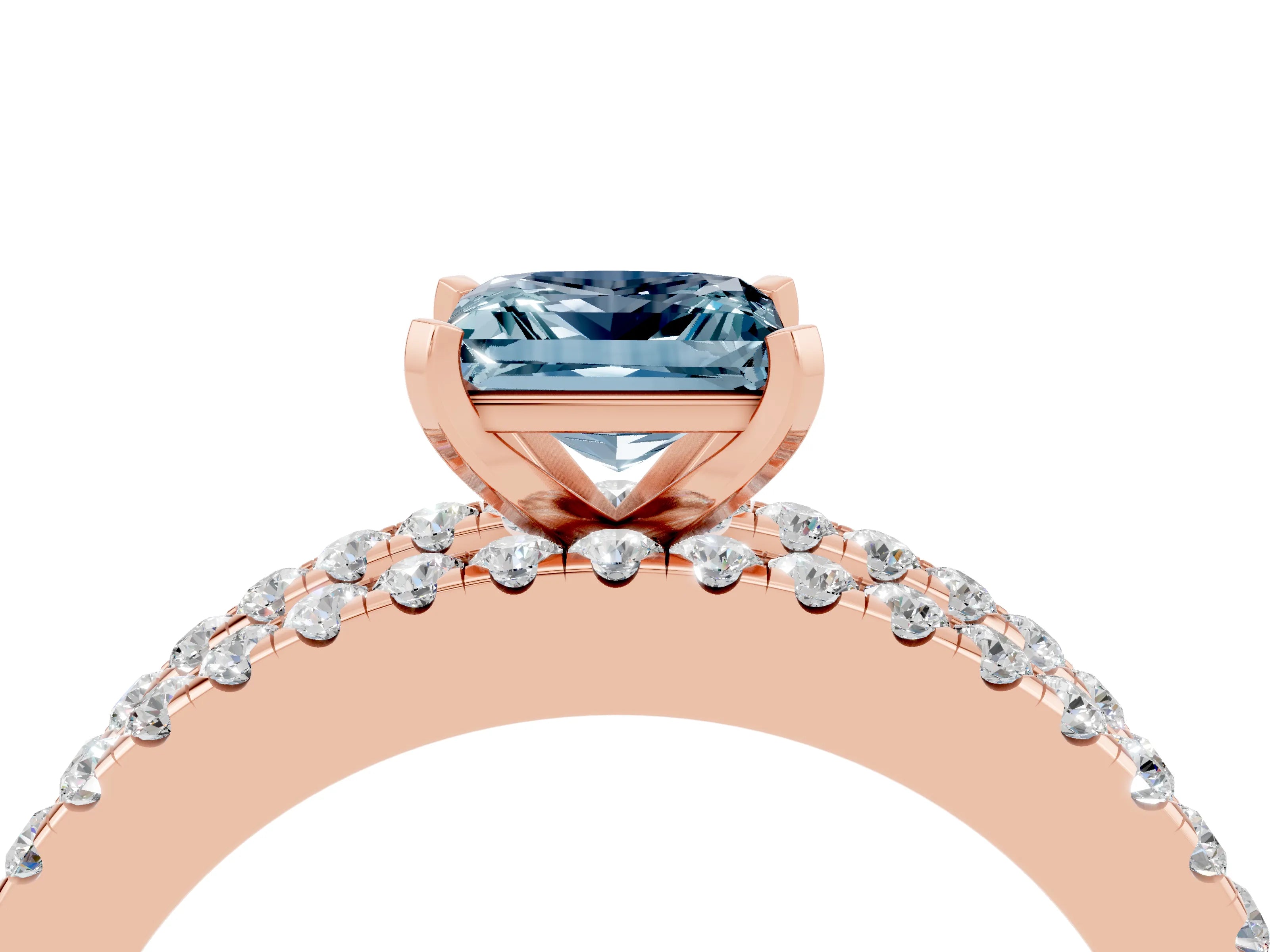 Rose gold Princess Cut Aquamarine Solitaire Ring with Pavé and Channel Set Band_4