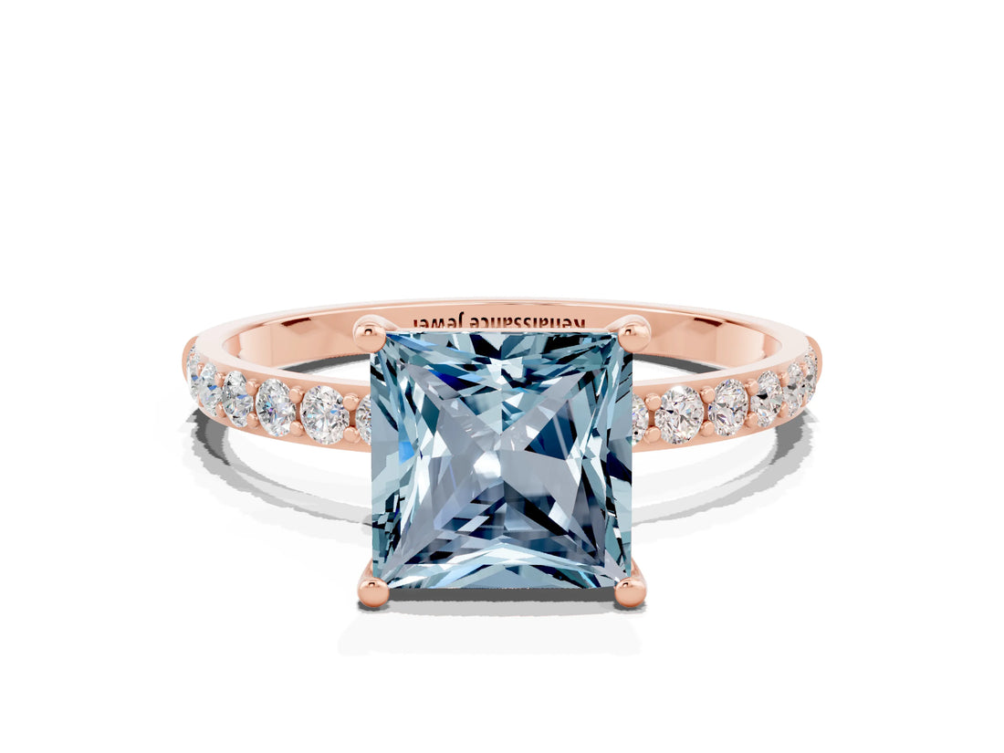 Rose gold Princess Cut Aquamarine Solitaire Ring with Pave Band and Four Prong Setting_24