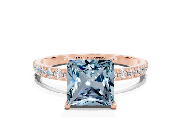 Rose gold Princess Cut Aquamarine Solitaire Ring with Round  Pavé Band and Prong Setting