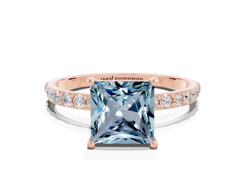 Rose gold Princess Cut Aquamarine Solitaire Ring with Pave Band and Four Prong Setting_24