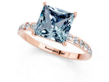 Rose gold Princess Cut Aquamarine Solitaire Ring with Pave Band and Four Prong Setting_25