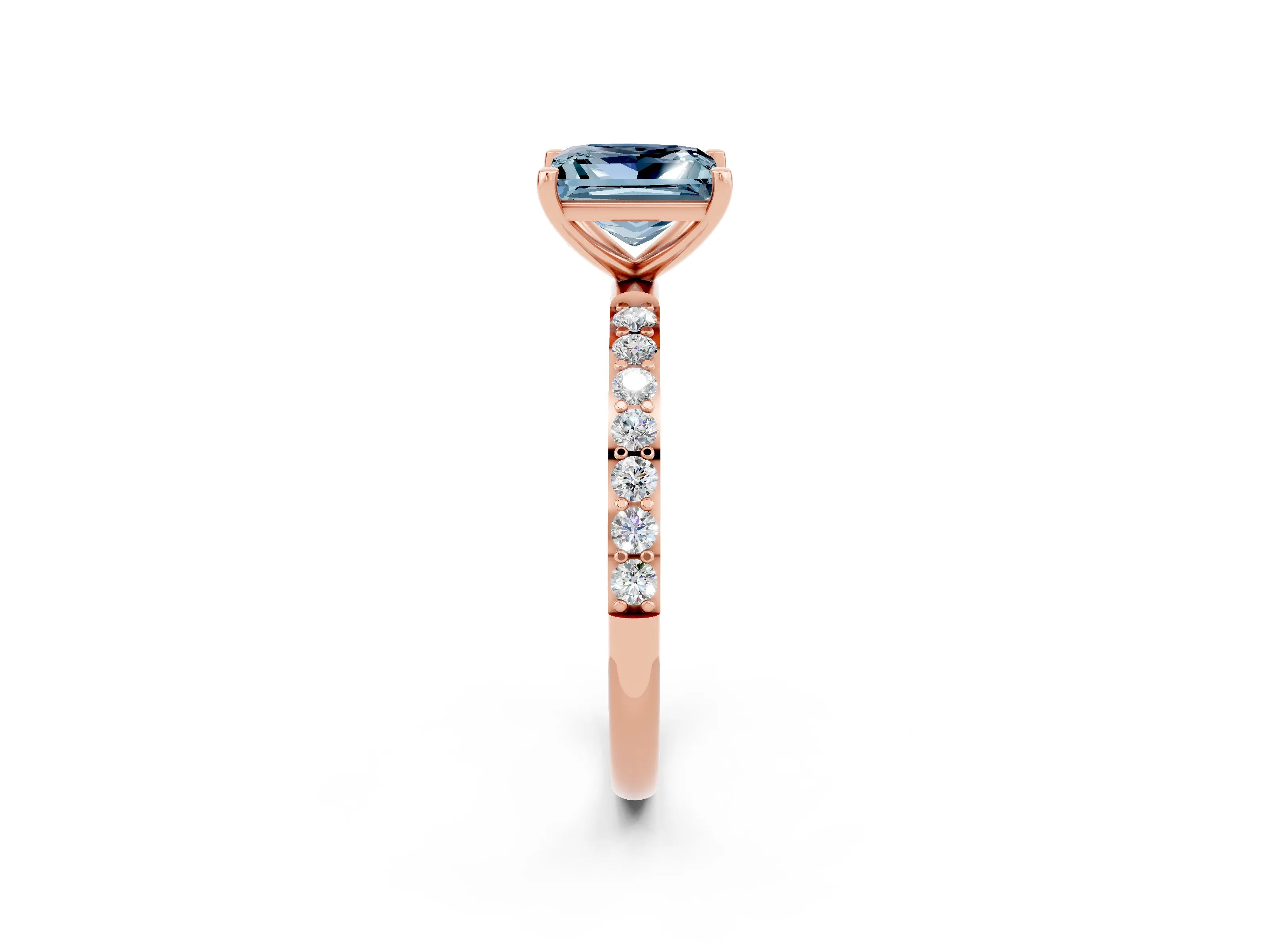 Rose gold Princess Cut Aquamarine Solitaire Ring with Pave Band and Four Prong Setting_26