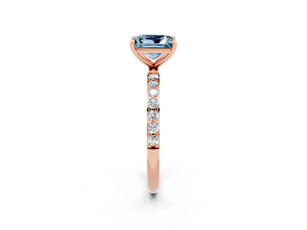 Rose gold Princess Cut Aquamarine Solitaire Ring with Round  Pavé Band and Prong Setting