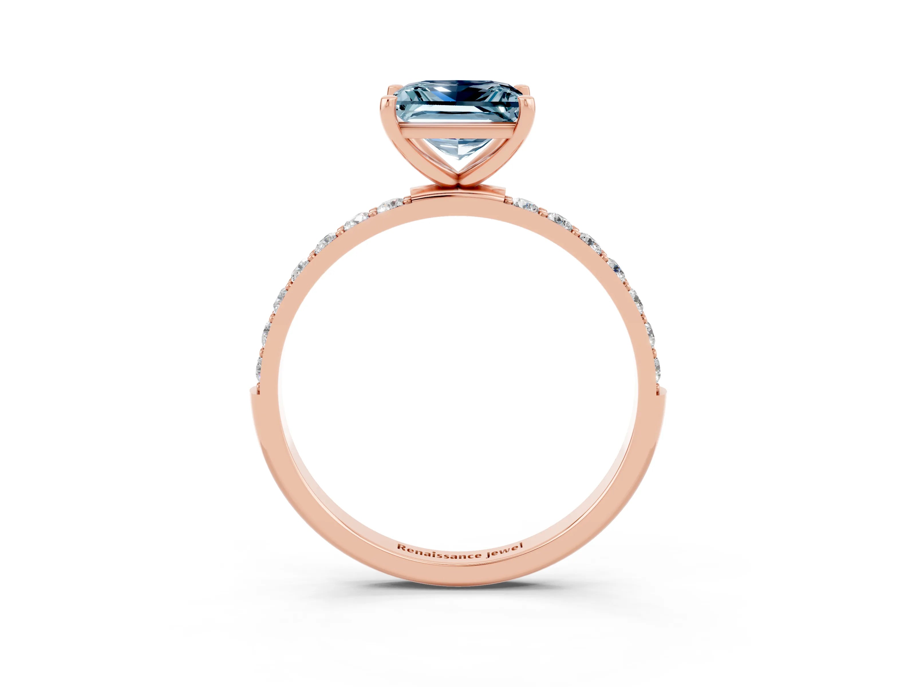 Rose gold Princess Cut Aquamarine Solitaire Ring with Pave Band and Four Prong Setting_27