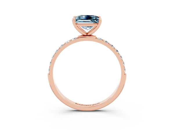 Rose gold Princess Cut Aquamarine Solitaire Ring with Round  Pavé Band and Prong Setting