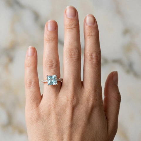 Rose gold Princess Cut Aquamarine Solitaire Ring with Round  Pavé Band and Four-Prong Setting_42