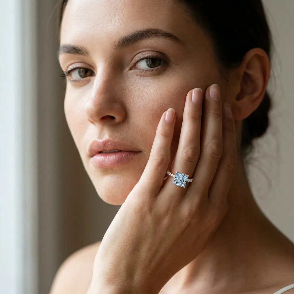 Rose gold Princess Cut Aquamarine Solitaire Ring with Round  Pavé Band and Four-Prong Setting_43