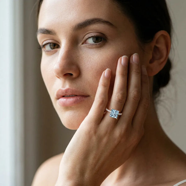 Rose gold Princess Cut Aquamarine Solitaire Ring with Round  Pavé Band and Four-Prong Setting