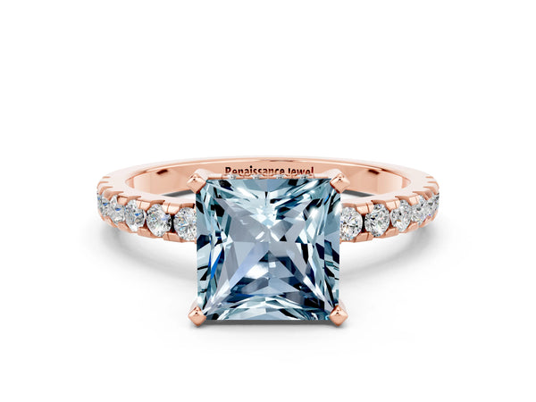 Rose gold Princess Cut Aquamarine Solitaire Ring with Round Pavé Band and Four-Prong Setting
