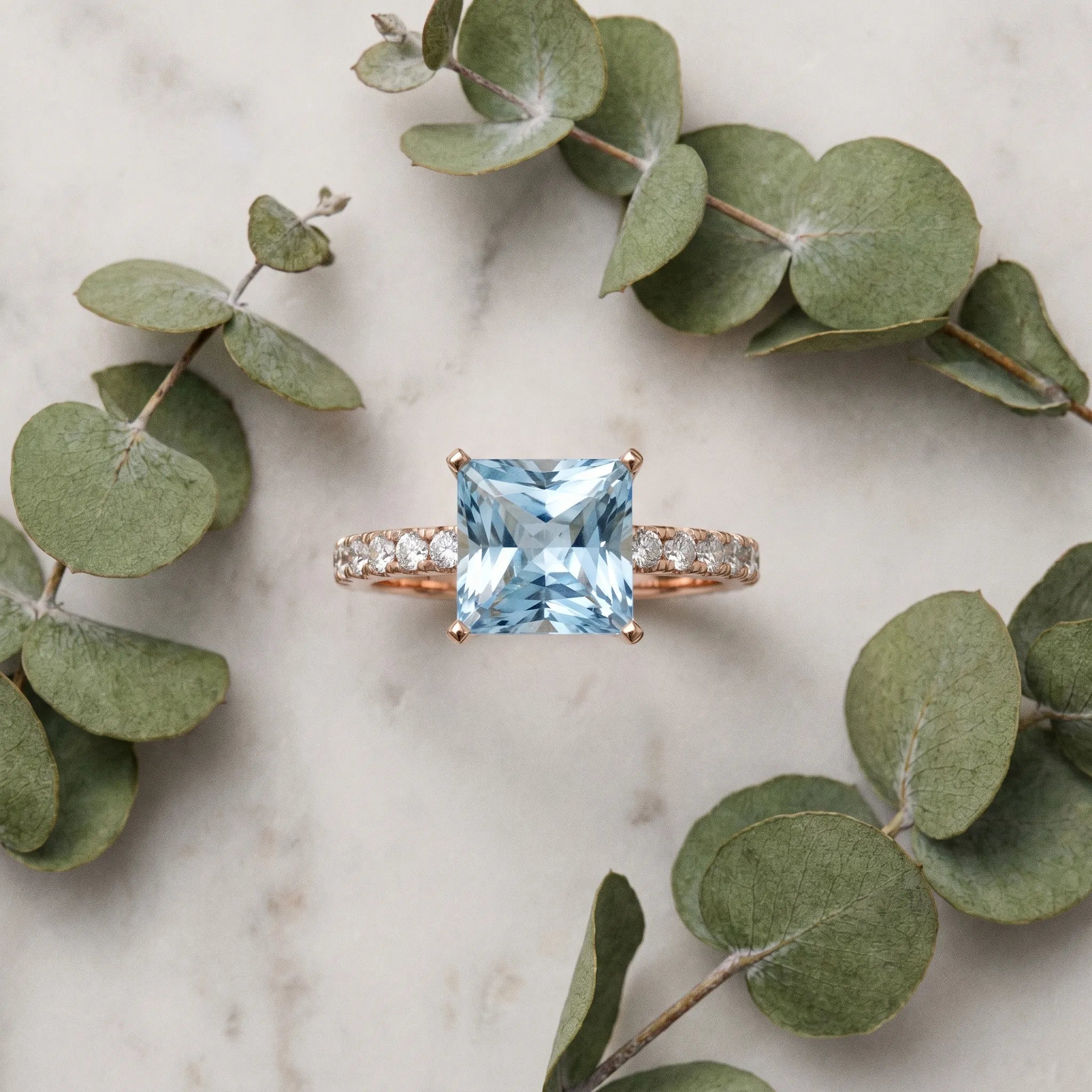 Rose gold Princess Cut Aquamarine Solitaire Ring with Round  Pavé Band and Four-Prong Setting_45