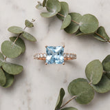 Rose gold Princess Cut Aquamarine Solitaire Ring with Round  Pavé Band and Four-Prong Setting_45