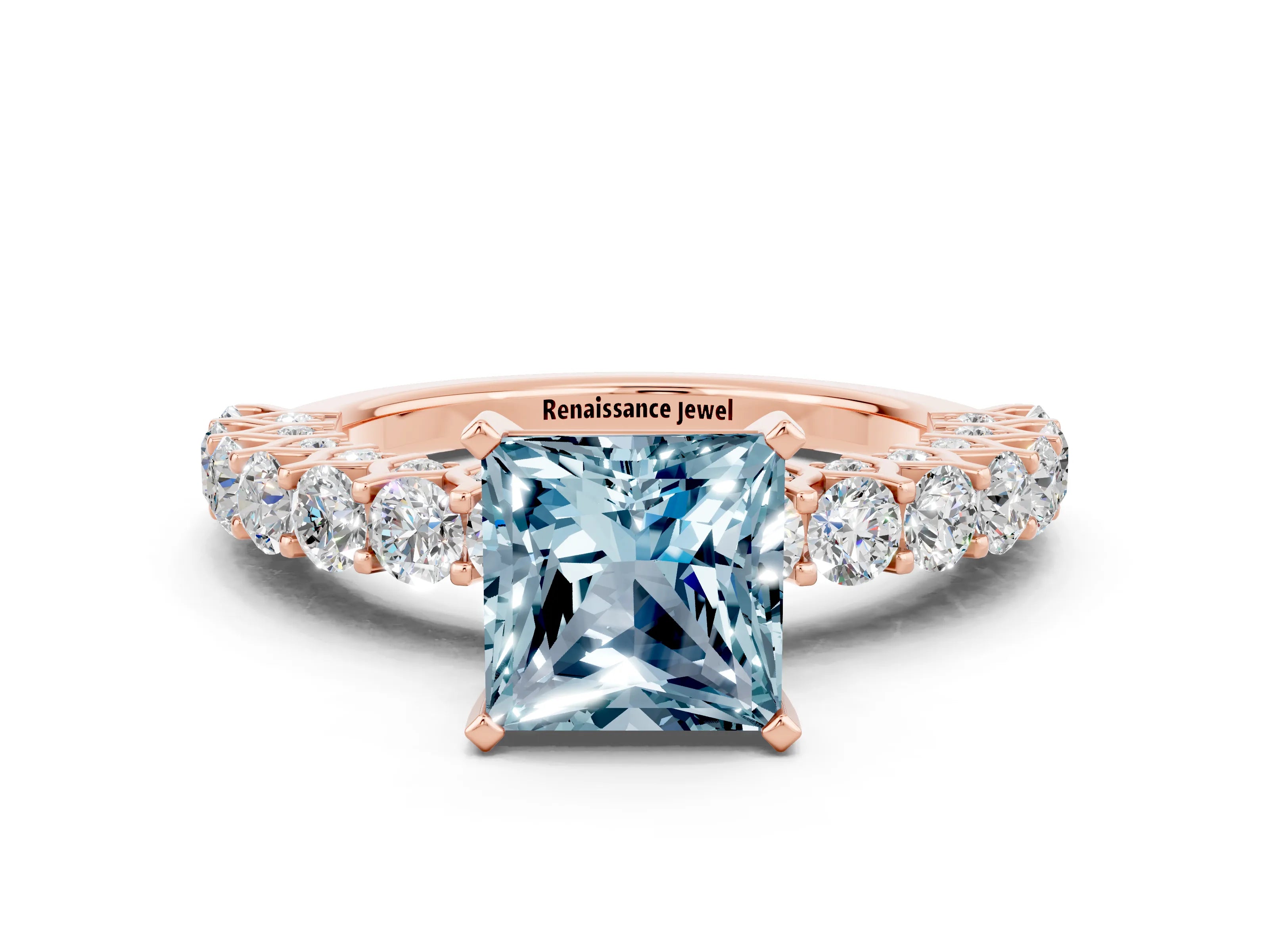 Rose gold Princess Cut Aquamarine Solitaire Ring with Shared Prong Pavé Band and Four-Prong Setting