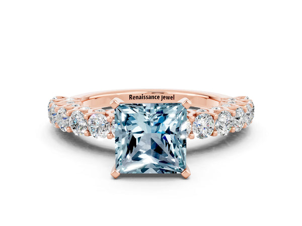 Rose gold Princess Cut Aquamarine Solitaire Ring with Shared Prong Pavé Band and Four-Prong Setting