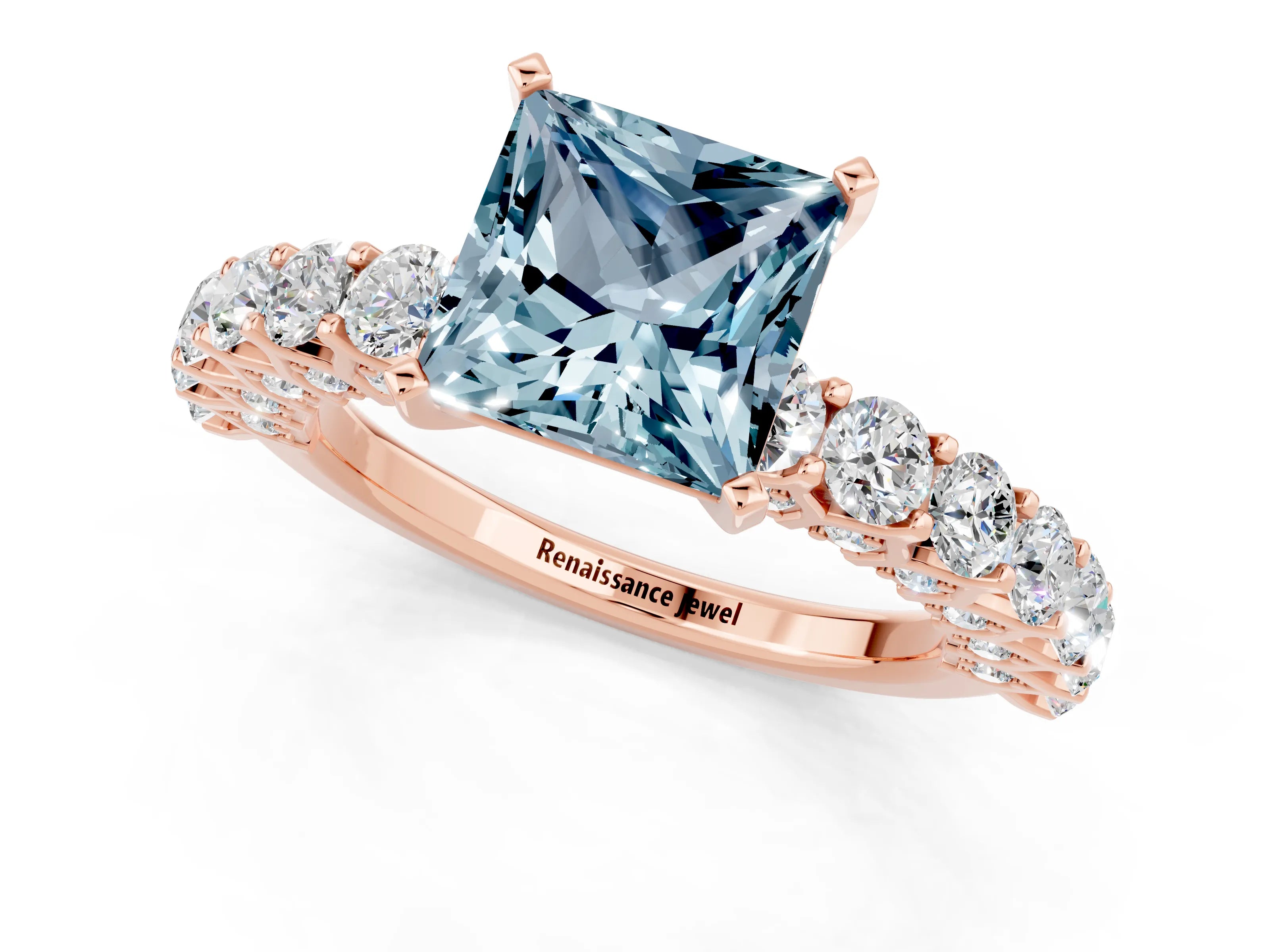 Rose gold Princess Cut Aquamarine Solitaire Ring with Shared Prong Pavé Band and Four-Prong Setting_1