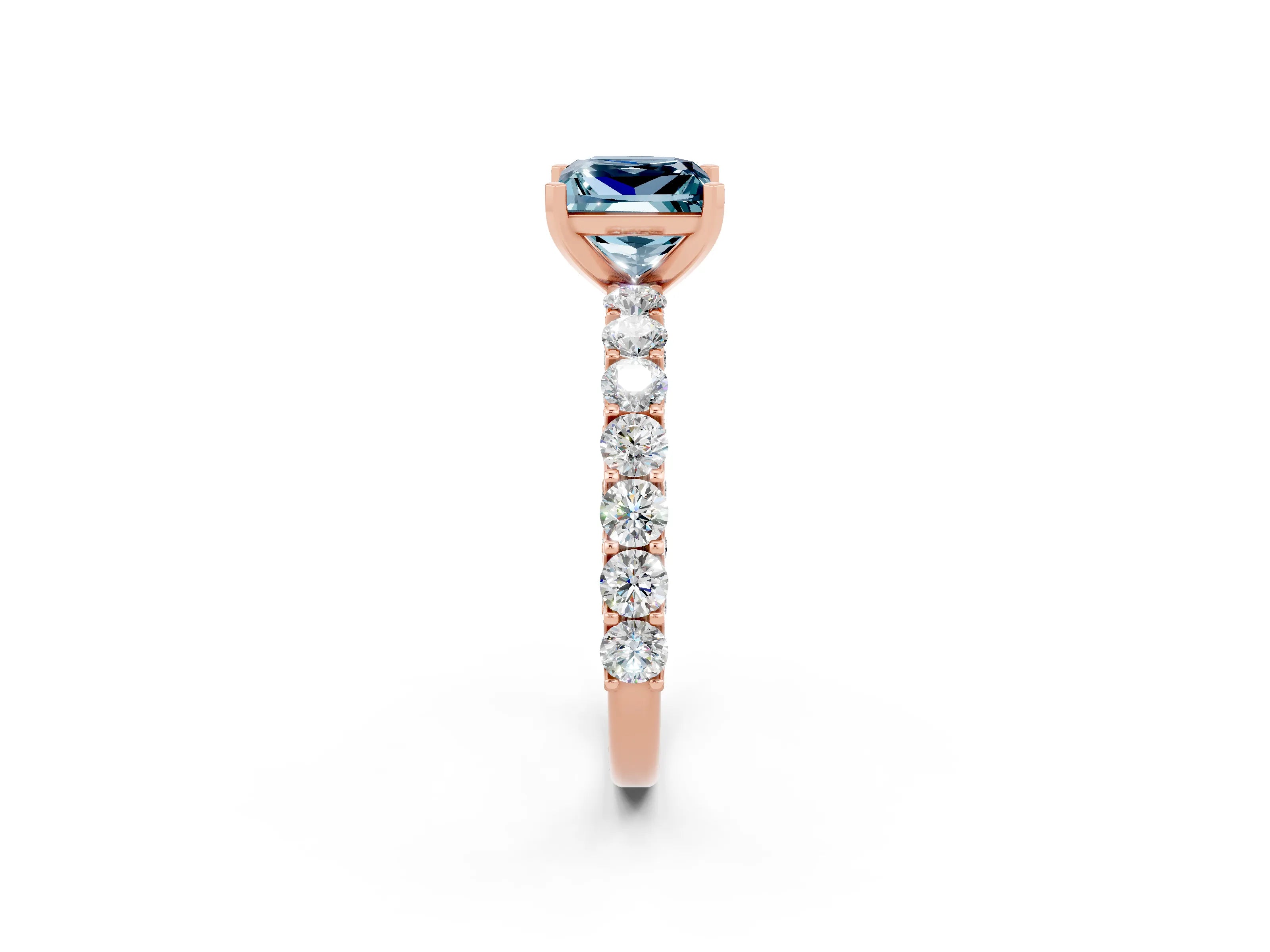 Rose gold Princess Cut Aquamarine Solitaire Ring with Shared Prong Pavé Band and Four-Prong Setting_2