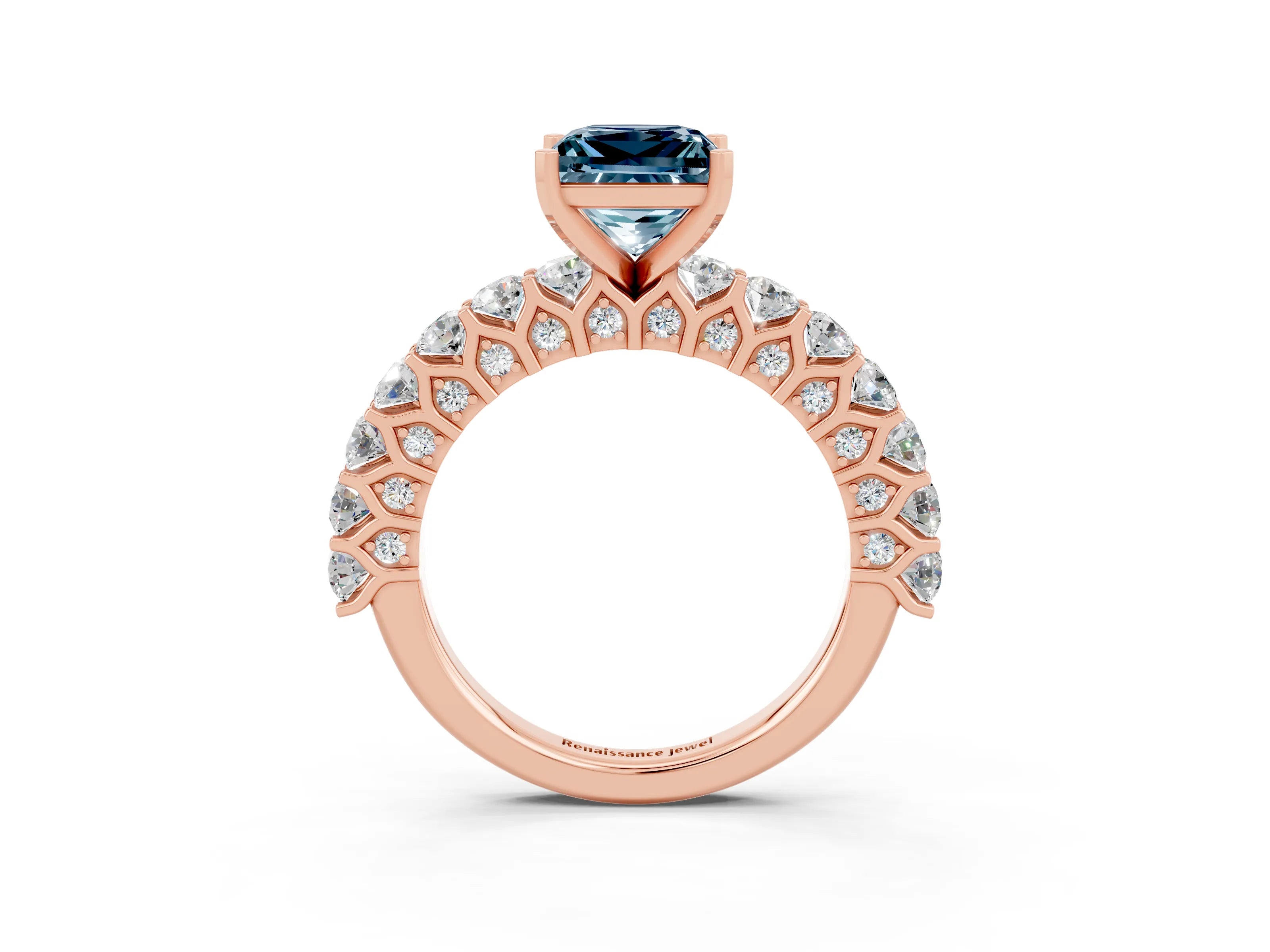 Rose gold Princess Cut Aquamarine Solitaire Ring with Shared Prong Pavé Band and Four-Prong Setting_3