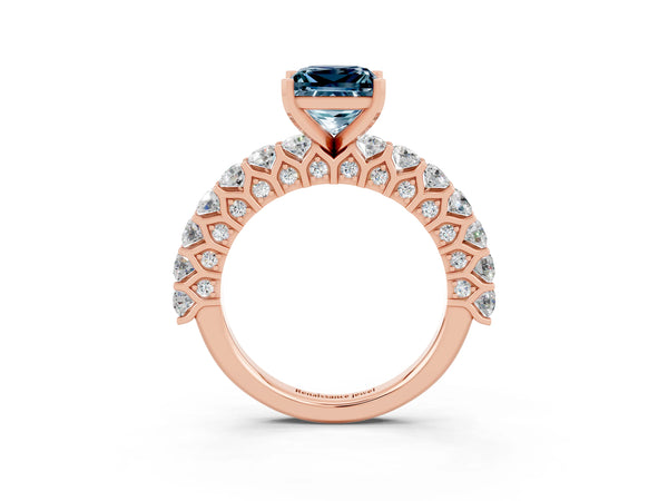 Rose gold Princess Cut Aquamarine Solitaire Ring with Shared Prong Pavé Band and Four-Prong Setting